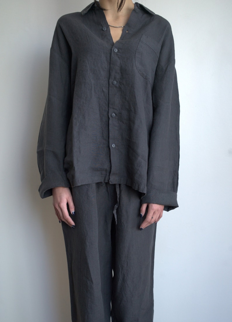 100% Organic Linen Pajama set Unisex fit sleepwear very Comfortable StoneWashed long sleeve home-wear crafted in Portugal Ships Free from US Charcoal