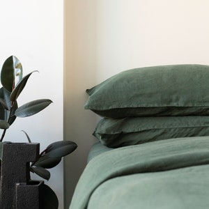 100% Linen Bedding Sheet Set in Dark Green 5 Pieces Soft Washed Organic European Flax Fitted Sheet Flat Sheet 2 Pillowcases Free Shipping image 1