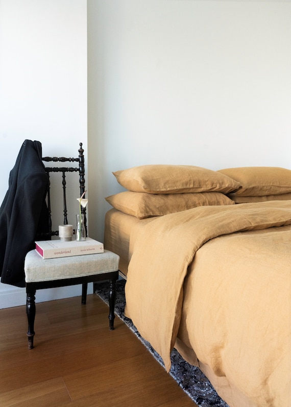 100% Organic Linen Bedding Sheet set Light Brown 5 Pieces Washed set includes Fitted & Flat Sheets 2 Pillowcases, King Queen Full Ships Free