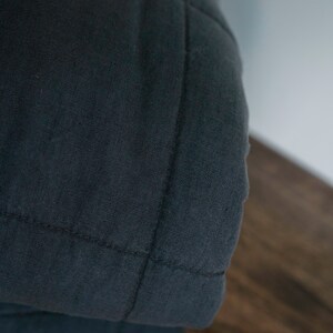 May include: A dark blue quilted blanket folded in half, with the top layer folded over the bottom layer. The blanket is made of a soft, textured fabric.