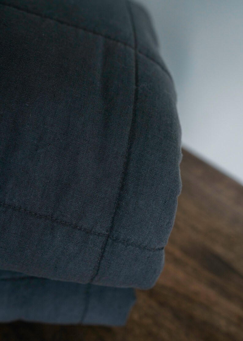 May include: A dark blue quilted blanket folded in half, with the top layer folded over the bottom layer. The blanket is made of a soft, textured fabric.