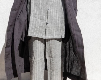 100% Linen Pajama Small Men/Women sleepwear Pants&Long Sleeve Shirt w Pockets Charcoal or Gray Stripe loungewear Soft Washed linen homewear