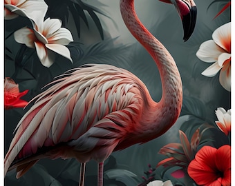 Impresión artística elegante de flamencos: arte mural de aves tropicales, flamenco art déco PNG, diseño de papel tapiz de flamencos de moda, papel tapiz de flamencos