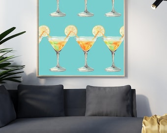 Póster de martini, arte mural de martini con acuarela, impresión de cóctel para carrito de bar, decoración de copas de martini, arte imprimible para bar, decoración elegante de dopamina