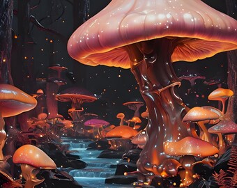 Impresión artística de bosque verde oscuro encantado: papel tapiz de bosque maximalista único, melancólico y neutro con hongos mágicos