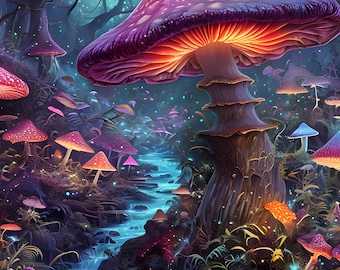 Papel tapiz de hongos / Diseño de hongos mágicos y bosques de color verde oscuro / Papel tapiz maximalista con motivos florales oscuros / Hongos mágicos