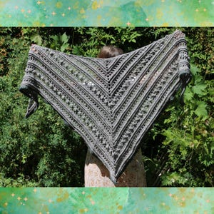 Crochet Shawl &quot;Winter Night&quot; - Heathered Grey with Green Trim - Handmade Large and Cozy Wrap Scarf