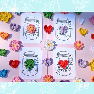 Carte à offrir avec applique au Crochet – Coeur, Papillon, Fleur, Trèfle au crochet - Carte au choix Love / Hope / Wishes / Kisses