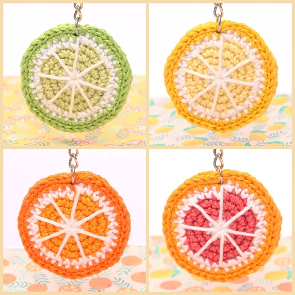 Porte clés Agrume au crochet fait main, fruit au choix : orange,  citron jaune, pamplemousse rose ou citron vert