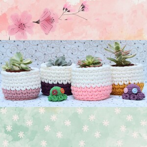 Peut inclure: Quatre pots de plantes en crochet de couleur rose, violet, blanc et jaune avec une pieuvre en crochet verte et orange au centre.
