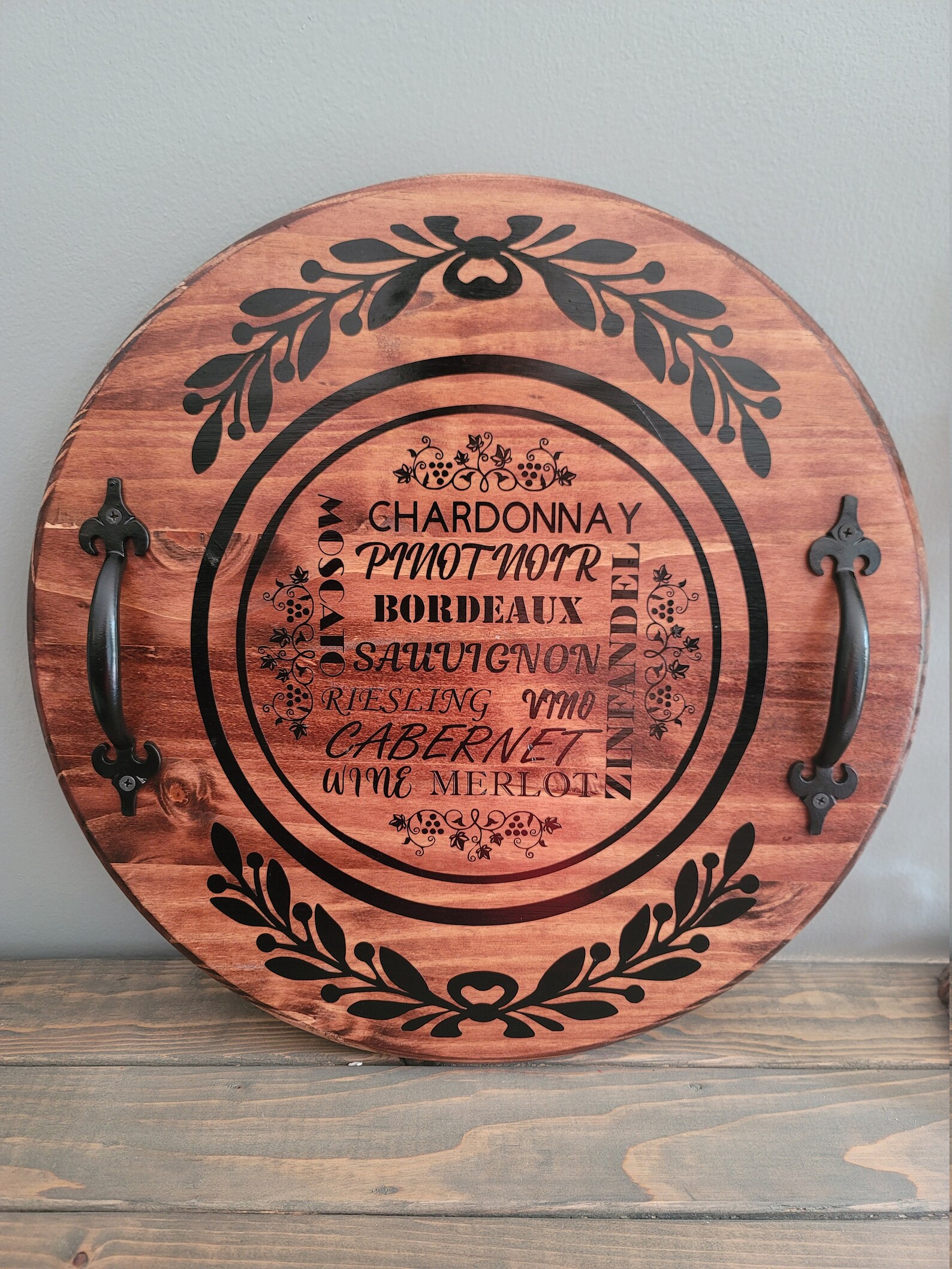 Round Wood Tray with Handles Etsy