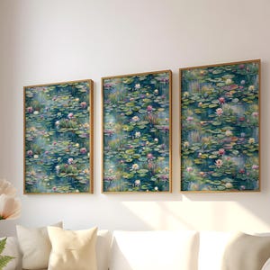 Ruhige Seerosen-Wandkunst - Gelassene Natur druckbares 3er-Set - ruhiges blaues Blumenposter für Spa, Meditation oder Zen-inspirierte Dekoration
