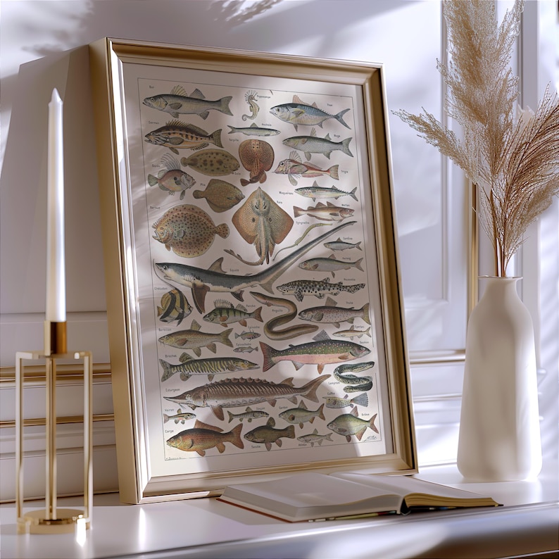 May include: Framed vintage print featuring various fish illustrations in a gold frame. The print is propped up on a white surface next to a gold candle holder with a white candle and a vase with dried plants.