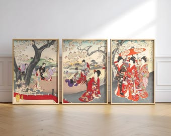 Japanese Cherry Blossom Geisha Triptych – Ukiyo-e Woodblock Art (Digital Download)