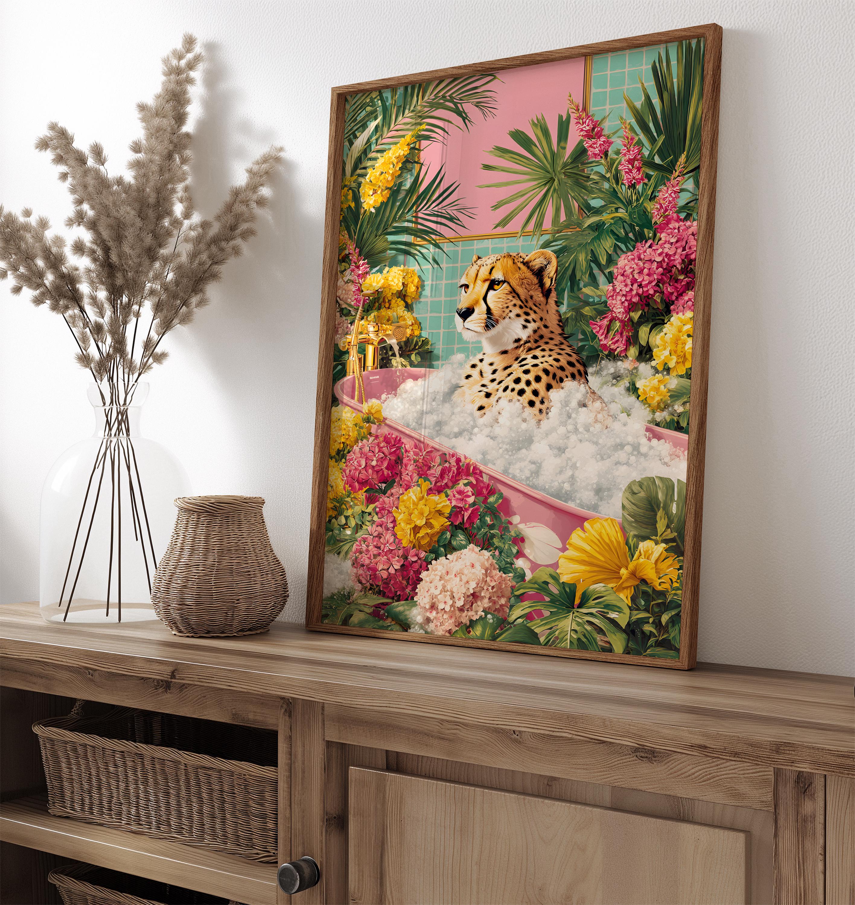 Cheetah in Bathtub Wall Art | Tropical Surreal Animal Print | Funny Maximalist Poster for Boho or Pop Art Decor