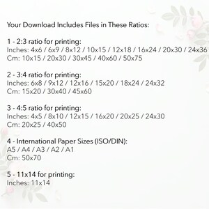May include: White graphic with text detailing print ratios and sizes in inches and centimeters. Includes ratios 2:3, 3:4, 4:5, and international paper sizes. The text is set against a soft, floral background.