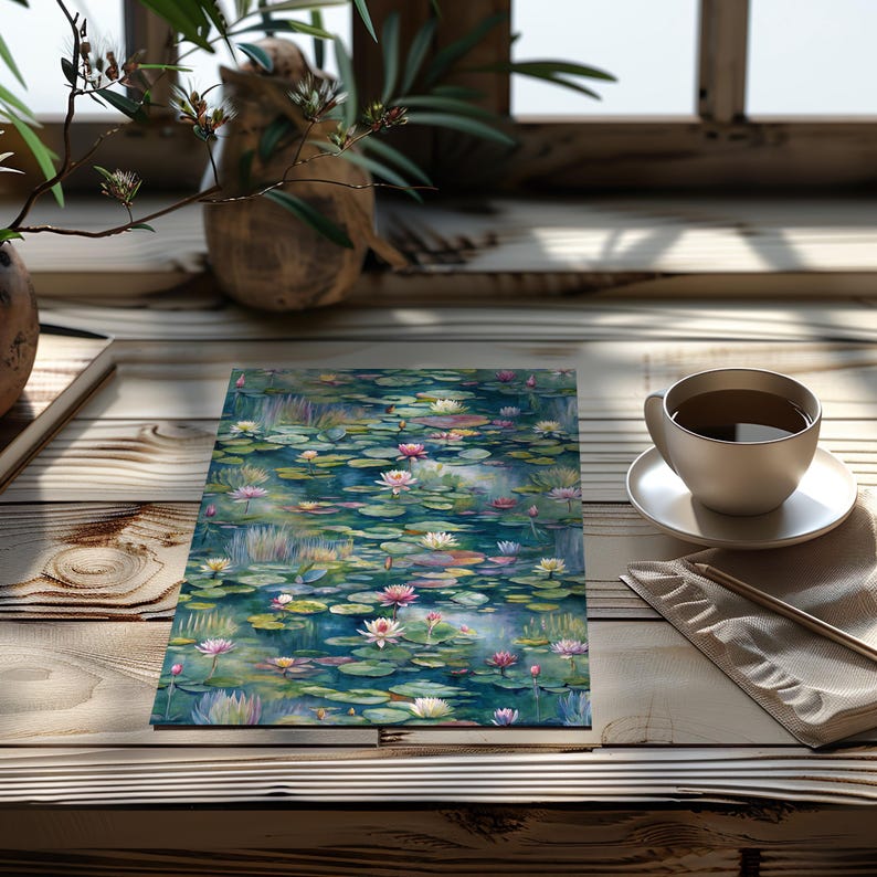 Op de afbeelding: Een rechthoekig notitieboek met een aquarel van een vijver vol waterlelies en roze en witte waterlelies. Het notitieboek ligt op een houten tafel, naast een kopje thee en een potlood.