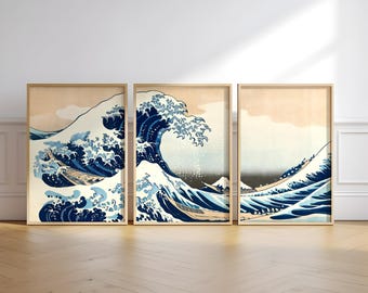 Hokusai Wave Triptych - AI Enhanced Japanese Art (Digital Download)