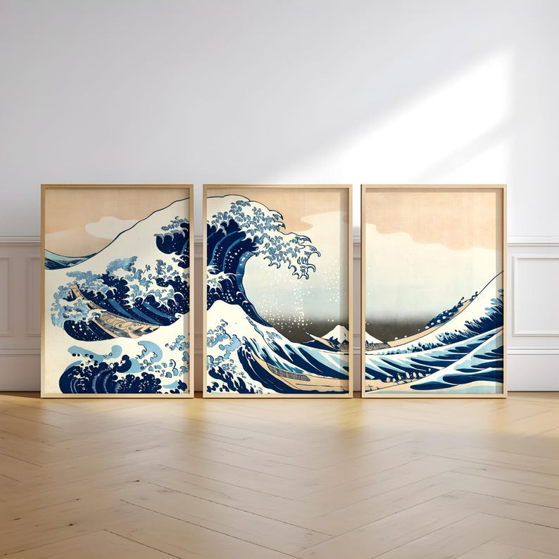 Hokusai Wave Triptych - AI Enhanced Japanese Art (Digital Download) image 1