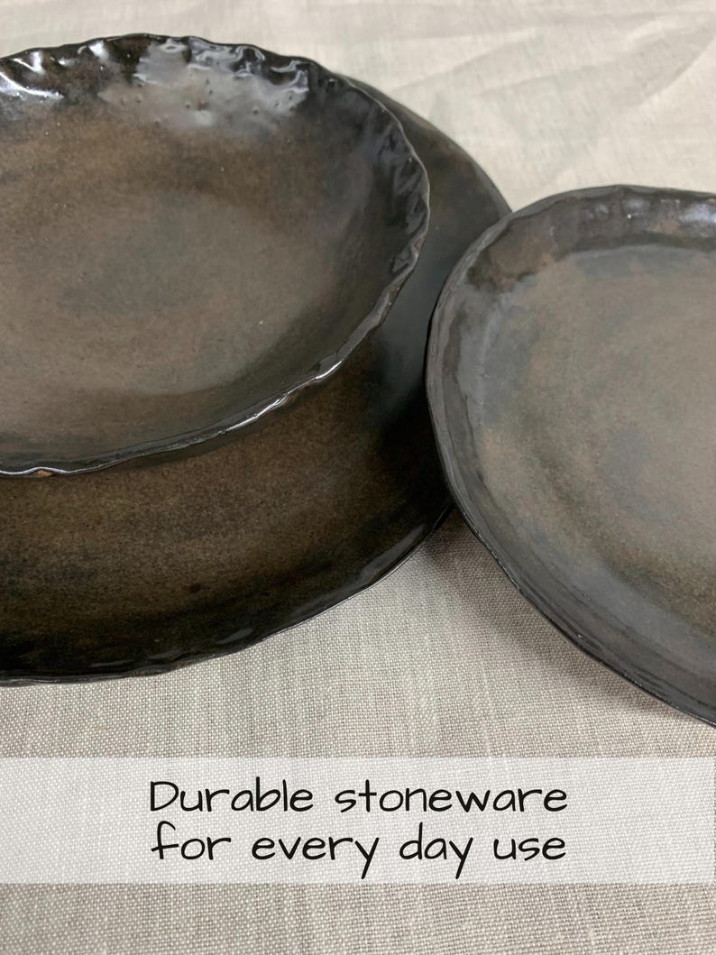 Handmade Plates and Bowls | Ceramic Stoneware Pottery Dish | Moody Rustic Dishes | Artisan Dinnerware Plate Set | Earth Tone Dinner Set afbeelding 3