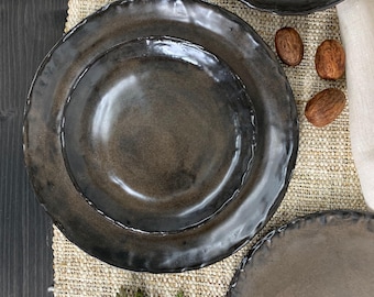 Handmade Plates and Bowls | Ceramic Stoneware Pottery Dish | Moody Rustic Dishes | Artisan Dinnerware Plate Set | Earth Tone Dinner Set