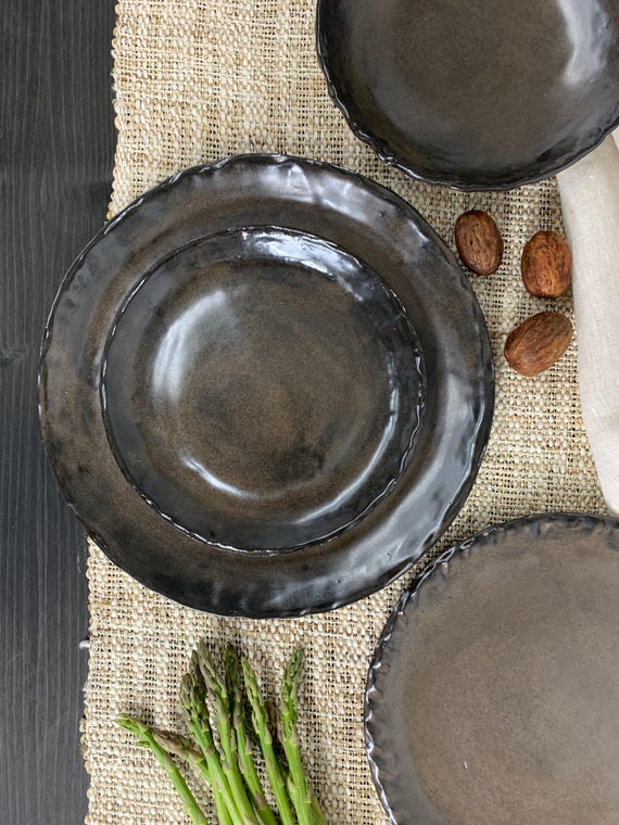 Handmade Plates and Bowls | Ceramic Stoneware Pottery Dish | Moody Rustic Dishes | Artisan Dinnerware Plate Set | Earth Tone Dinner Set