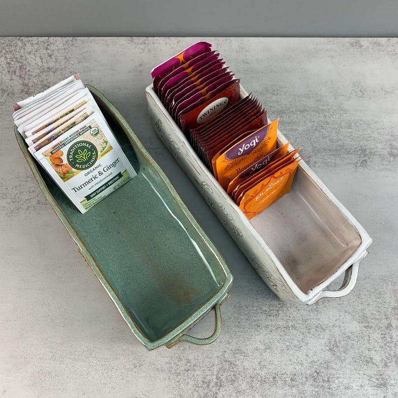 Teabag Organizer | Tea Caddy Ceramic | Countertop Organizer | Kitchen Coffee Station Teabag Holder | Tea Person Gift | Natural Artisan Gift image 2
