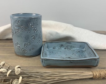 Bathroom Accessory Soap Dish Set | Toothbrush Cup | Blue Makeup Brush Holder |  Ceramic Countertop Organizer | Botanical Bathroom Soap Tray