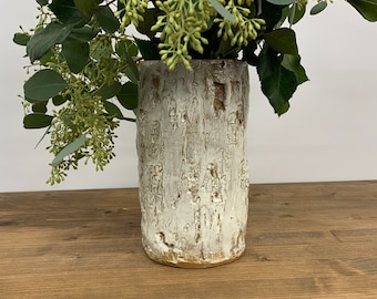 Ceramic Flower Vase | Birch Bark Boho Decor | Rustic, Natural, Earthy, Botanical Decorator Vase | Sculptural Vessel | Woodland Tree Bark