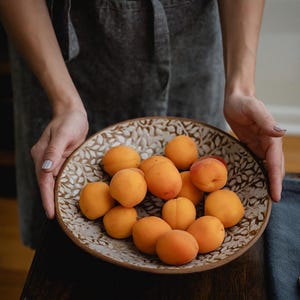 May include: A decorative, round, ceramic bowl filled with ripe apricots. The bowl has a detailed, leaf-like pattern around the rim. The apricots are a vibrant orange color, and the bowl is held by a person wearing a gray apron.