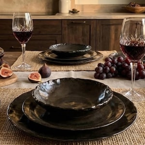 Handmade Dinnerware Set | Stoneware Pottery Dishes | Artisan Place Setting | Moody Dark Brown Stoneware Plate Set | Rustic Ceramic Tableware