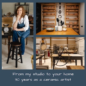 May include: A ceramic artist in a studio setting. The image shows a woman in a denim apron, a scale, pottery, and shelves filled with ceramic pieces. Text reads: "From my studio to your home 30 years as a ceramic artist."
