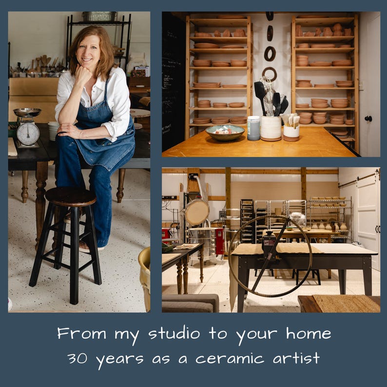 May include: A ceramic artist in a studio setting. The image shows a woman in a denim apron, a scale, pottery, and shelves filled with ceramic pieces. Text reads: "From my studio to your home 30 years as a ceramic artist."