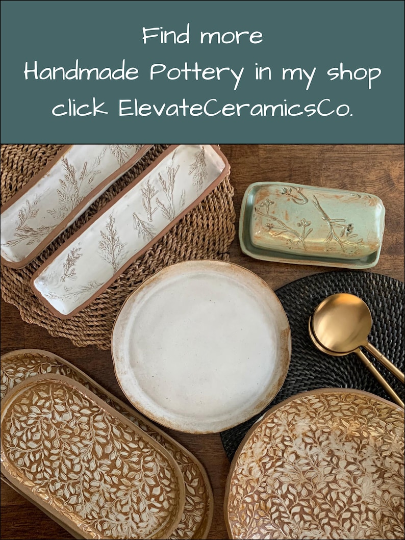 May include: Handmade pottery in various shapes and sizes, including rectangular trays, a butter dish, plates, and serving platters. The pottery features leaf and branch designs, with a neutral color palette. The image includes the text: "Find more Handmade Pottery in my shop click ElevateCeramicsCo."