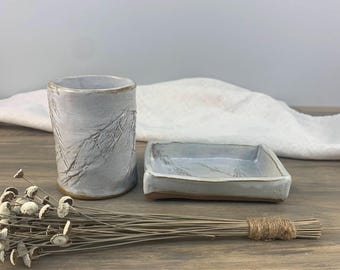 Bathroom Accessory Set | Decorative Soap Dish | Makeup Brush Holder | Natural Earthy Aesthetic Pottery | Vanity Countertop Tray and Cup