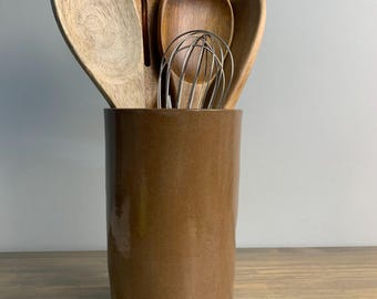 Utensil Holder | Japandi Ceramic Kitchenware | Tall Utensil Pot | Handcrafted Countertop Kitchen Storage | Brown, Black, Rustic White