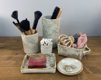 Vanity Organizer | Valet for Her | Botanical Bathroom Accessories Set | Soap Dish | Makeup Brushes Holder Gift |