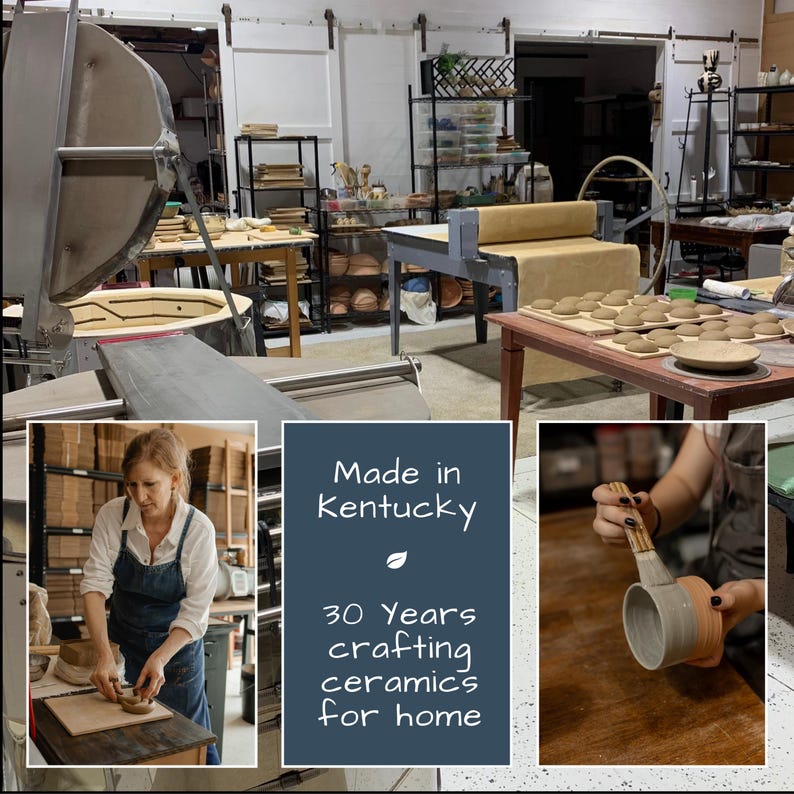 May include: A pottery studio with a woman working on a piece of pottery. The image includes the text "Made in Kentucky" and "30 Years crafting ceramics for home". Various ceramic pieces are visible on tables and shelves.