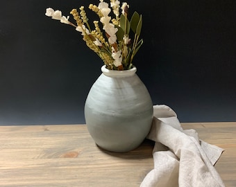 Round Ceramic Vase, Wheel Thrown Pottery, Minimalist Handmade Vase, Natural Gray Art, Modern Rustic Stoneware, Large Ceramic Flower Vase