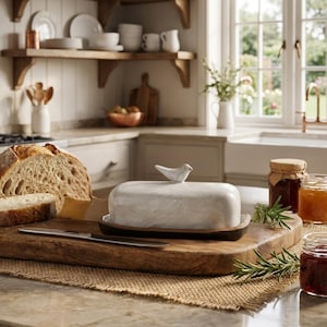 May include: A rustic kitchen scene featuring a wooden breadboard with sliced bread and a butter dish with a bird-shaped handle. Jars of preserves and copper cookware are visible on shelves in the background.
