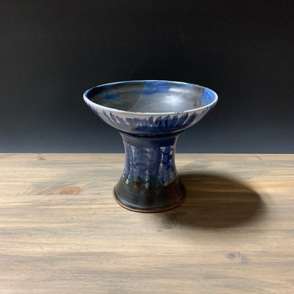 Dark Blue Pedestal Bowl, Footed Fruit Bowl, Modern Rustic Table Décor, Fine Art Ceramic Bowl, Decorative Bowl for Centerpiece, Raised Dish