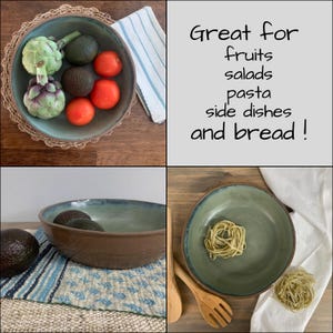 May include: A collection of ceramic bowls in various sizes and colors, some containing food items like avocados, tomatoes, and pasta. The bowls are in shades of blue and brown. Text on the image reads: Great for fruits, salads, pasta, side dishes, and bread!