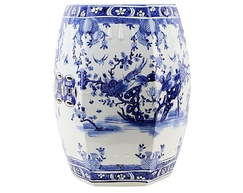 Porcelain Ming Blue And White Garden Stool.  Beautiful, Hand Painted, Images of Exotic Birds and Flowers.  Extraordinary Craftsmanship!