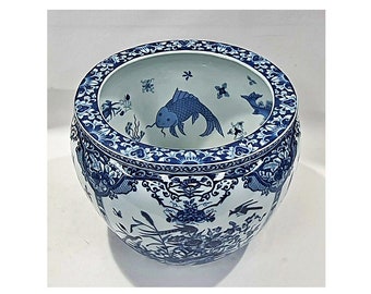 Quintessential Hand Painted Ming Blue and White Fishbowl Jardiniere/Planter With Floral, Bird and Koi Fish Motifs.