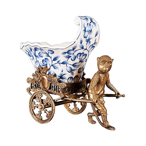 Delightful Bronze Ormolu Rickshaw Monkey with Blue and White Porcelain Floral Design Planter/Basin.