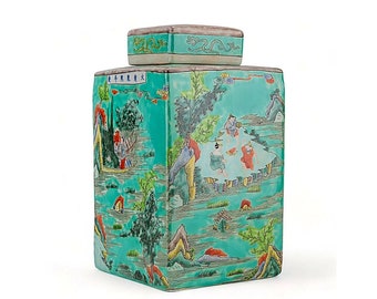 Chinese Porcelain Teal and Multi-Color Rectangular Lidded Jar.  Beautiful, Hand Painted, Mountain Scenery Design.