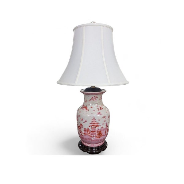 Pink and White Vase-Shaped Lamp With Porcelain Finial and Wood Base. Pagoda Willow Garden Design. (Lampshade Included)