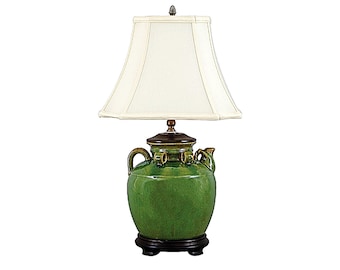 Dark Green Majolica Tea Pot Shaped Lamp. Wood Base, Ormolu, Pine Cone Shape Finial.  (Lampshade Included)