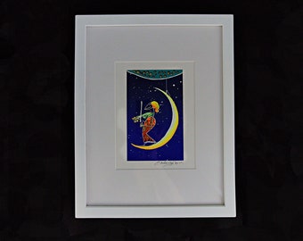 Lithograph Art “Musician Playing Violin to the Stars on a Moonlit Night” by Italian Artist: Meloniski