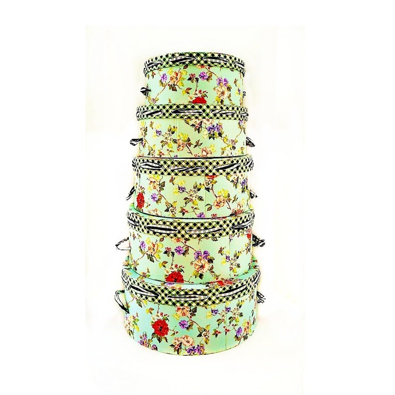 Beautiful and rare set of 5 Tracy Porter stackable/nesting hat boxes with floral Spring design image 1